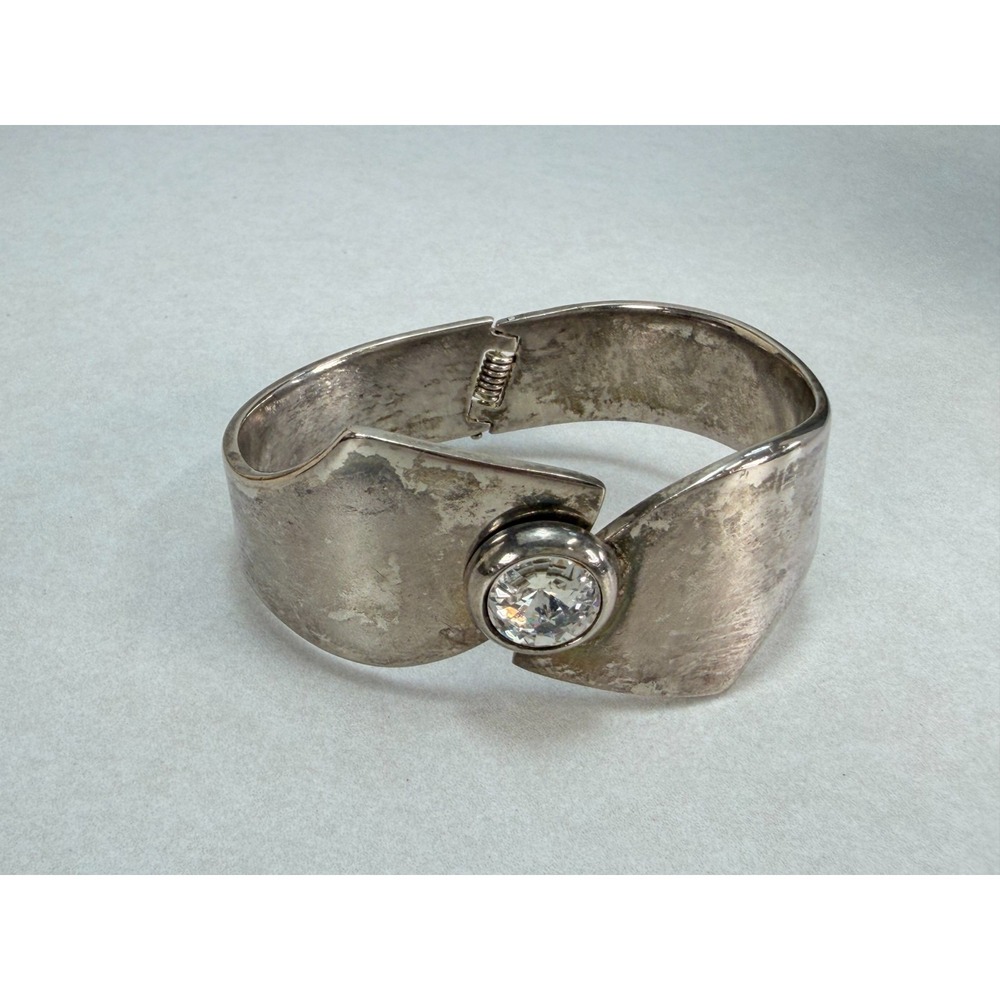 Vintage Unsigned Silver Tone Modernist Crystal Hinged Cuff Bracelet Statement